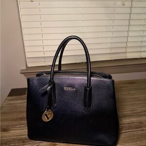 Furla Black Leather Satchel with Gold Charm